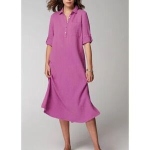 J. Jill sz L Womens Purple Gauzy Cotton Button Collared Tshirt Midi Dress Casual